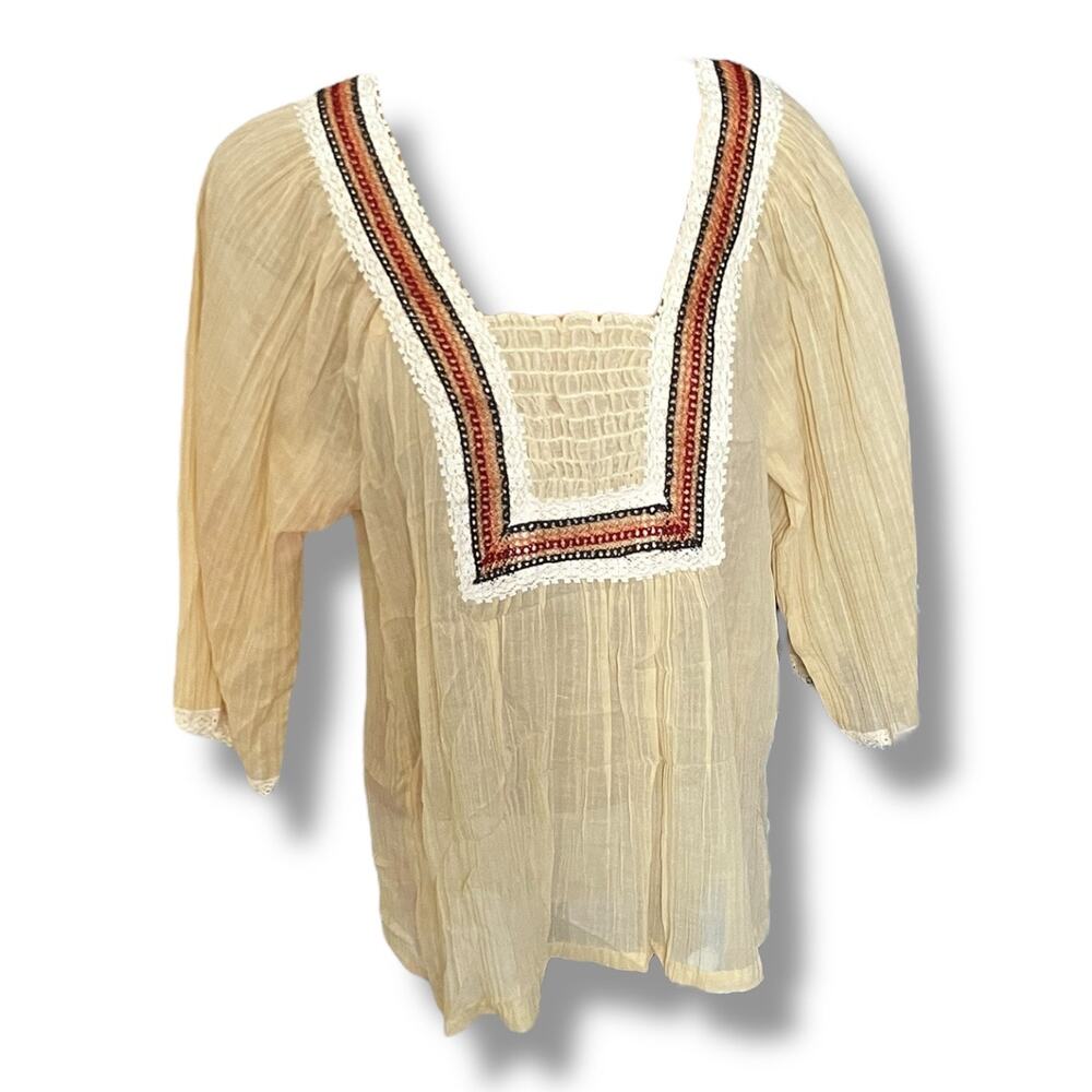 Vintage Sheer Peasant Blouse Boho Lace Trim Cream Top Size Large - Picture 2 of 7